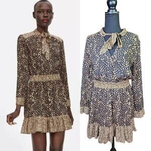 Zara Z1975 Denim Leopard Print Mini Dress Size Large High Tie Neck Flowy Airy